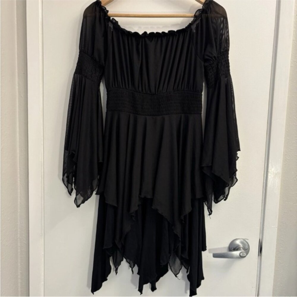 Current Mood Smocked Mesh Mini Dress Black Size Medium Grunge Goth Fairy Witchy - Picture 2 of 8